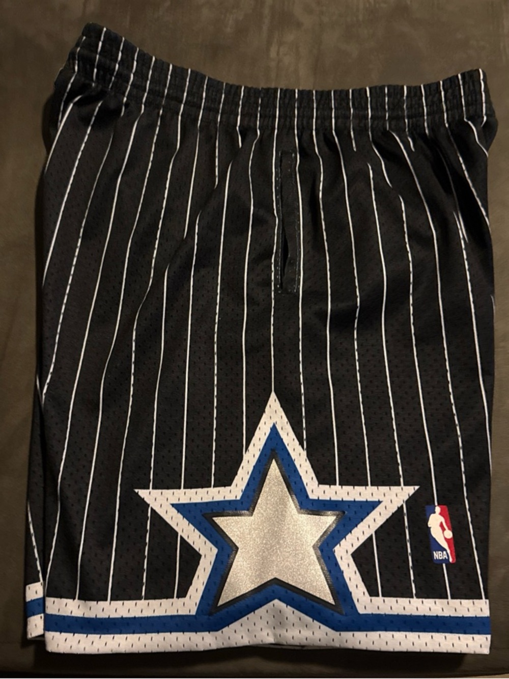 Mitchell & Ness Orland MagicNBA Black Pinstripe Shorts with Blue and Silver Star